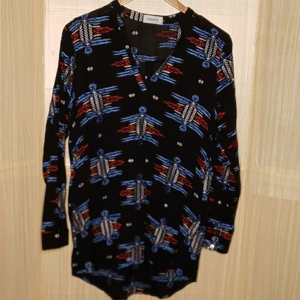 Etiquette Womens Black Tunic With Western Aztec Embroidery Large